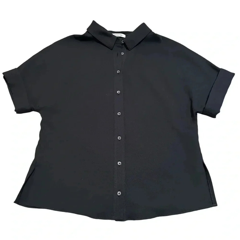 Babaton Black cuffed short sleeve button up shirt size XS